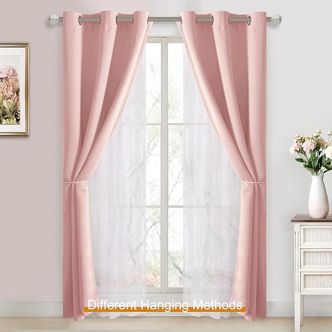 DWCN Layered Curtains for Living Room Blush Blackout and Sheer Curtains Grommet Top Window Treatments with Sheer Overlay for Nursery, Girls Bedroom, 38 W by 84 L, 2 Pieces