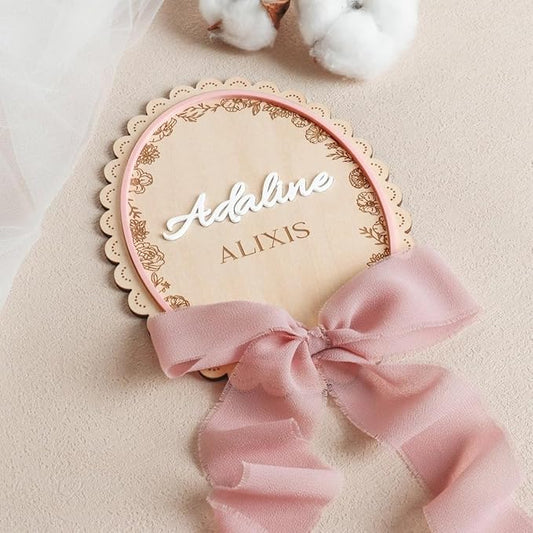 Personalized Newborn Name Sign - Custom Baby Birth Announcement Plaque with Bow, Wood & Acrylic Nursery Decor, Newborn Photo Prop, Nursery Decor