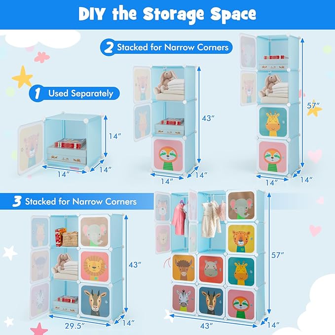 HONEY JOY Kids Wardrobe Closet, Baby Cartoon Clothes Storage Organizer, 12 Cubes & 2 Hanging Sections, Portable Children DIY Modular Bedroom Armoire Dresser Cabinet for Boys Girls (Blue)
