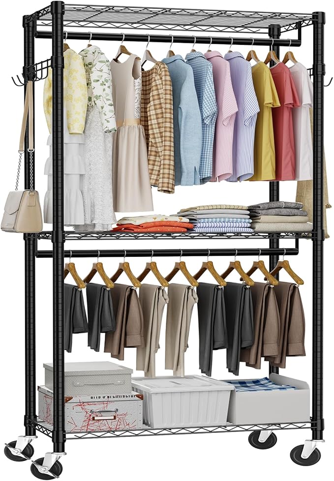 Portable Closet, Heavy Duty Clothes Rack on Wheels, Wardrobe Closet for Hanging Clothes, 77 Inch Tall Clothing Rack with Adjustable Mesh Shelves and Hanging Rails, Black