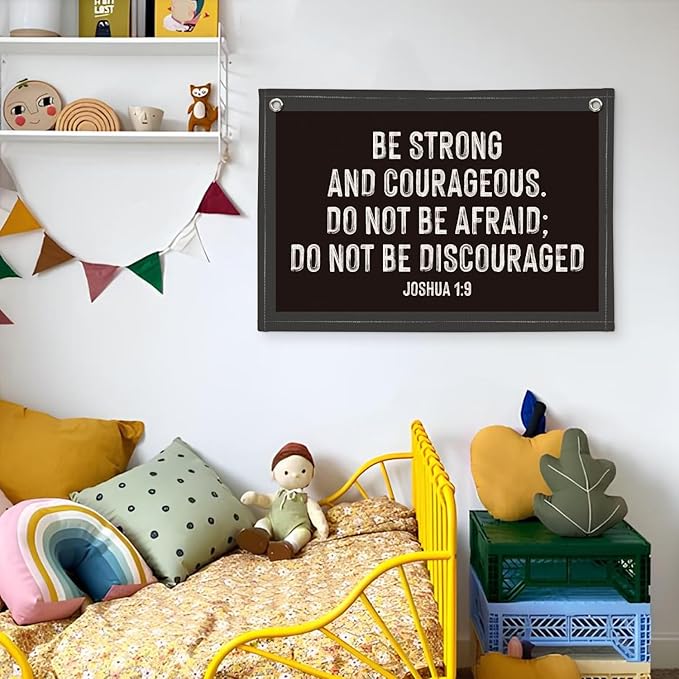 Christian Wall Art, Be Strong and Courageous Bible Verse Banner, Inspirational Linen Canvas Banner Wall Hanging Decor for Toddler Boys Room Nursery Playroom, Religious Gift for Kids