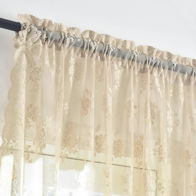 Kotile Beige Lace Curtains for Bedroom, W52 x L94 Inch, 2 Panels Country Rustic Floral Vintage Sheer Lace Curtains 94 Inches Long Rod Pocket Privacy Light Filtering Cottagecore Sheer Window Curtain