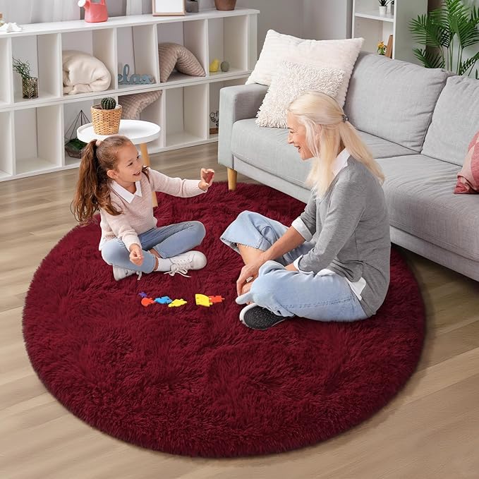 EVOIONOS Burgundy Round Rug for Bedroom, 4x4 Ft Fluffy Soft Circle Area Rugs for Living Room, Plush Shaggy Circular Carpet for Indoor Floor Bedside Kids Nursery, Machine-Washable Home Decor Aesthetic