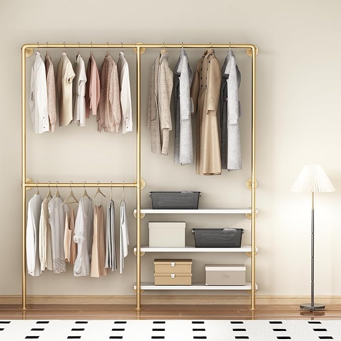Industrial Pipe Clothing Rack, Gold Clothing Rack with Shelves, Wall Mounted Clothes Rack Heavy Duty Closet Organizers Wardrobe Multi-Purpose Storage Clothes Hanging Shelf - 70.8''L Gold