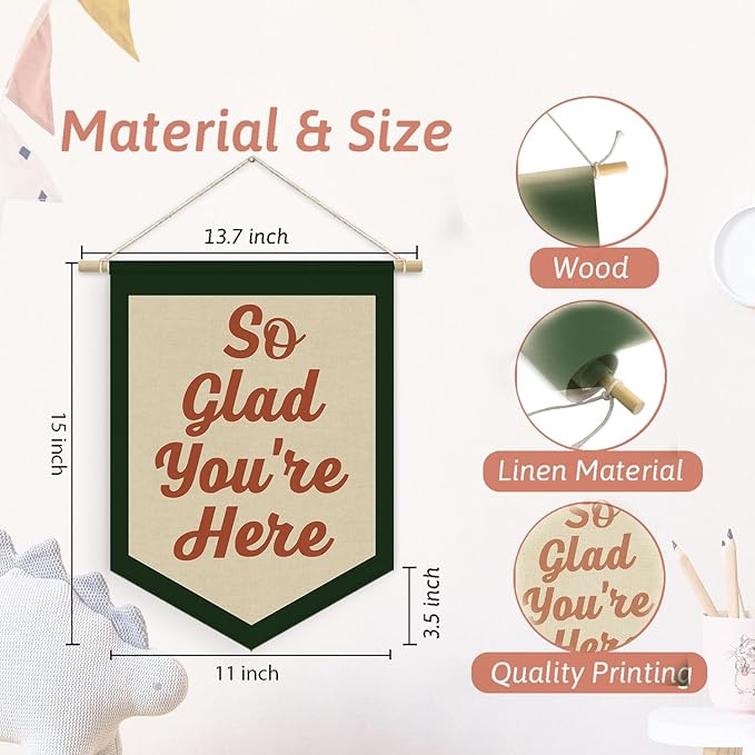 Vintage Welcome Sign for Classroom,Welcome Sign for Front Door, So Glad You're Here Linen Canvas Banner, Teacher Must Haves Wall Hanging Pennant Flag Banner for Classroom Preschool Decor,15x11