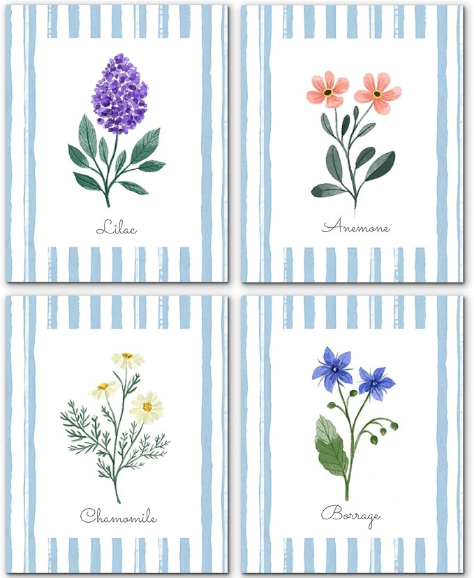 JINYO Vintage Blue and White Striped Floral Wall Art Prints Set of 4, Rustic Lilac Anemone Chamomile Borage Flower Posters Pictures Wall Decor for Home Bedroom Living Room, 8x10 Unframed