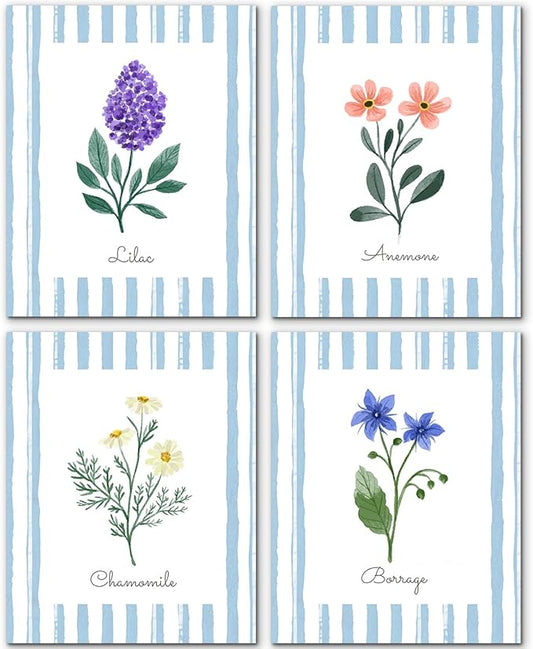 JINYO Vintage Blue and White Striped Floral Wall Art Prints Set of 4, Rustic Lilac Anemone Chamomile Borage Flower Posters Pictures Wall Decor for Home Bedroom Living Room, 8x10 Unframed