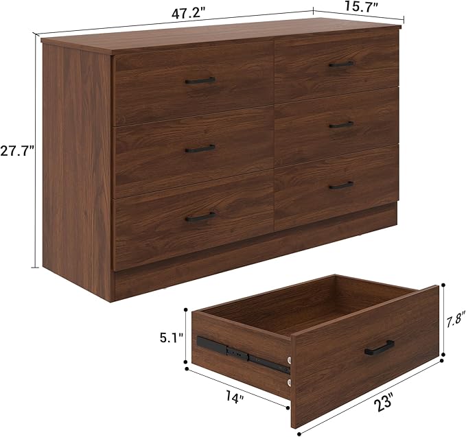Bigbiglife Wood Dresser for Bedroom, 6 Drawer Double Dresser, Mid Century Modern Chest of Drawers with Deep Drawers, Large Storage Organizer for Living Room, Closet(Walnut Brown)