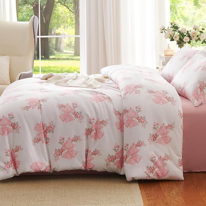 Pink Bow Duvet Cover King 3Pcs Pink Floral Bedding Set for Girls Kids,Cute Princess Style Bowknot Bedding,Ultra Soft Garden Flower Bedding with 2 Pillowcases(No Comforter)
