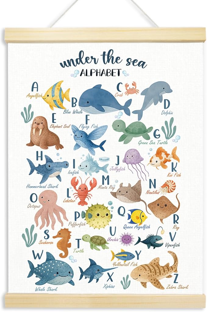 Voxitura Sea Animals Alphabet Poster Hanger Frame, Nursery Ocean Wall Decor Art Canvas for Playroom Kids Toddler Room Classroom, Cute Watercolor ABC Prints for Wall Hanging Decor Banner 12x16in