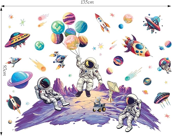 SHUCHING Outer Space Astronaut Wall Sticker Peel and Stick, Vinyl Planet Rocket Wall Decal, Wall Decor Art for Baby Kids Bedroom Nursery Playroom