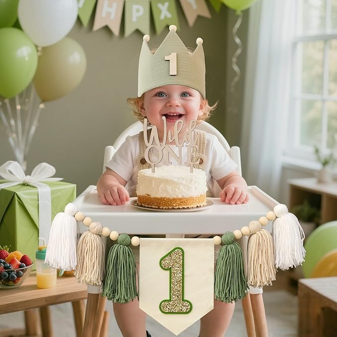 Wild One High Chair Banner For 1st Birthday Party Boy Decorations With Green Tassel Garland Crown Hat Wild One Cake Topper