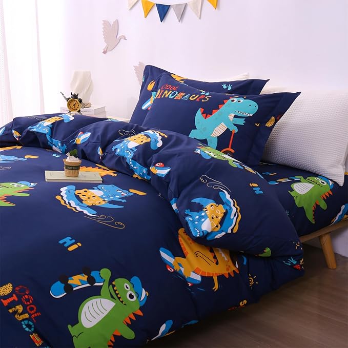 JSD Sports Dinosaur Kids Duvet Cover Set Full Size, 3 Piece Cute Printed Microfiber Comforter Cover with Pillow Shams Zipper Closure, Comforter Not Included