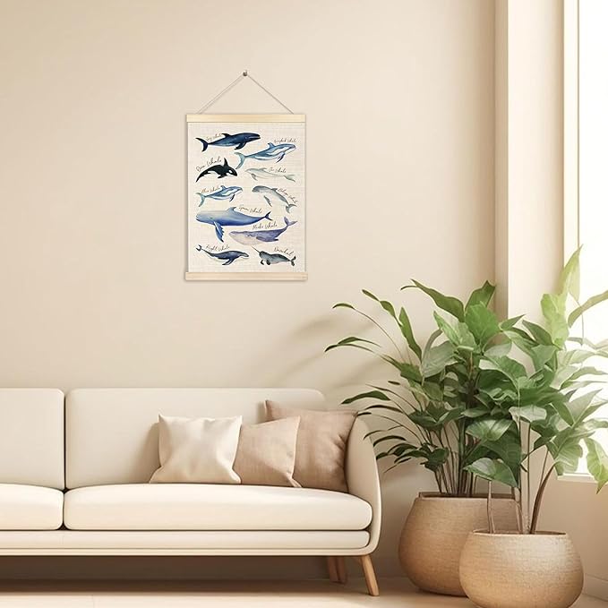 Ecezatik Species of Whales Wall Art with Wooden Poster Hanger, Whale Posters, Beach Room Decor, Ocean Room Decor, Whale Wall Art Decor for for Classroom Nursery Kids Room Playroom, 12x16 Inch