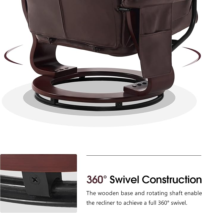MCombo Swivel Recliner with Ottoman, Faux Leather TV Chair with Vibration Massage, Ideal for Small Space, Living Room & Bedroom 4734 (Dark Brown)