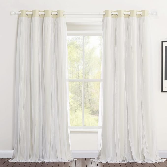 PONY DANCE Double-Layered Curtains with White Sheer Solid Blackout Curtains 84 Inch Length Elegant Grommet Panels for Living Room/Sliding Glass Door (W52xL84, Beige, One Pair, with Tie-Backs)