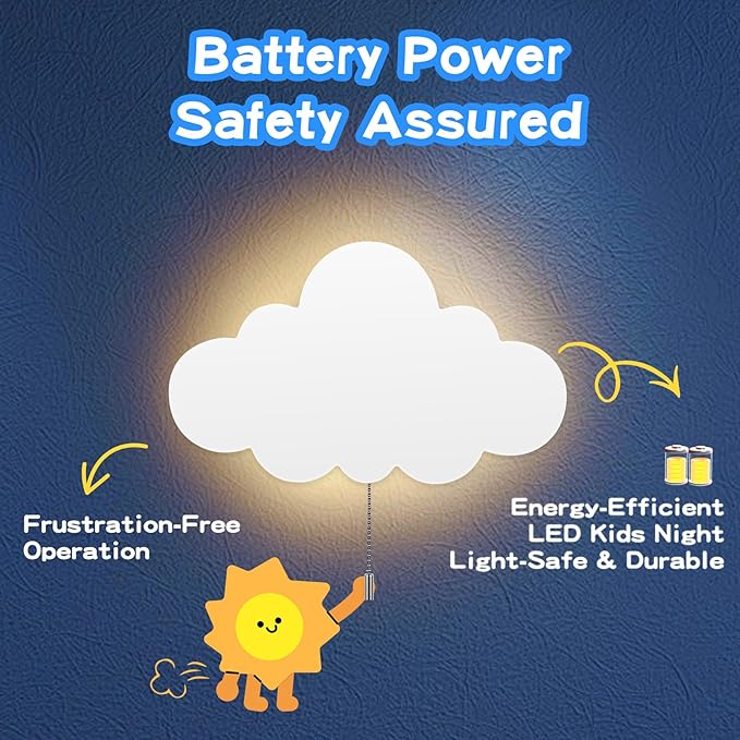 Cloud Light - Battery-Powered Wall Lamp for Nursery, Kids Bedroom & Baby Room, 3000K Warm Night Light with Pull-String Switch, Cordless 3.7V, Lightweight 33x20cm (No Charging Needed)