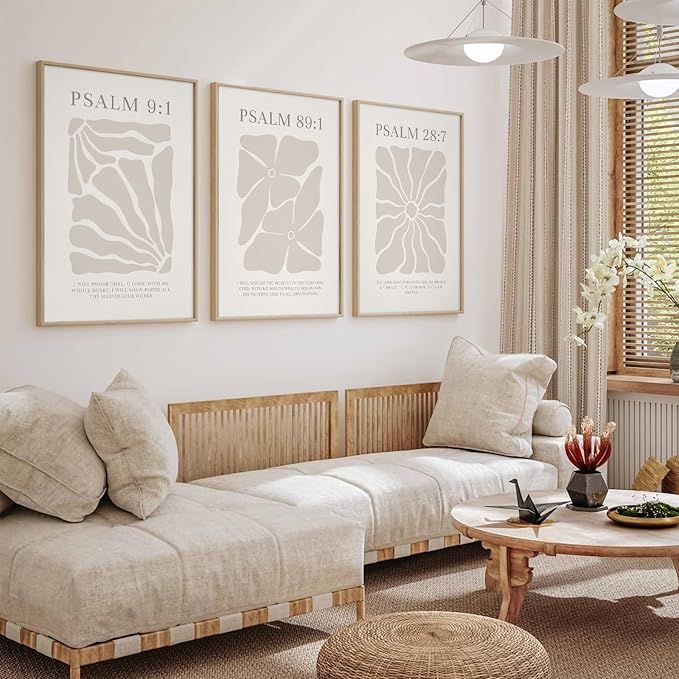 Joocrise Scripture Christian Wall Art Set of 3 Beige Bible Verses Wall Decor Neutral Psalm Canvas Wall Art Modern Pictures Flower Prints Christian Artwork for Living Room Bedroom 16x24 Inch Unframed