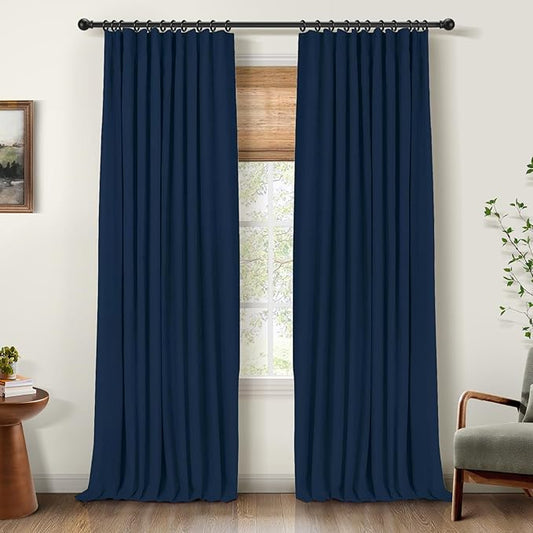 INOVADAY 100% Blackout Curtains for Bedroom, Black Out Curtains 96 Inch Long, Clip Rings Linen Blackout Drapes, Thermal Insulated Room Darkening for Living Room, 2 Panels - Midnight Blue,W50xL96