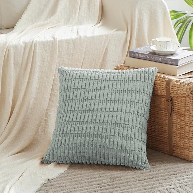 Fancy Homi 2 Packs Grey Blue Decorative Throw Pillow Covers 20x20 Inch for Living Room Couch Bed Sofa, Soft Striped Corduroy Square Cushion Case 50x50 cm, Rustic Farmhouse Boho Home Decor