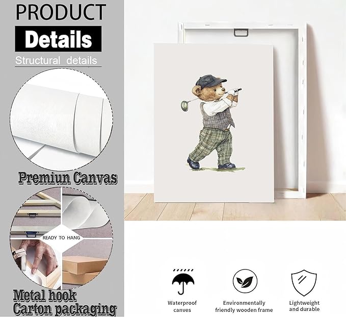 Vintage Nursery Wall Art Kids Room Canvas Wall Decor Animal Pictures Cute Duck and Woodland Bear Posters Neutral Floral and Sailboat Painting Print Artwork for Baby Boy Girl Room Playroom, Framed