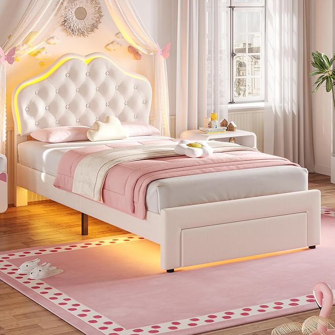 BTHFST Twin Size Girl Bed with Storage Drawer & LED Lights, Upholstered Platform Bed, Adjustable Headboard with Velvet Crystal Button Princess Bed, Wood Slats Support, No Box Spring Needed, Beige