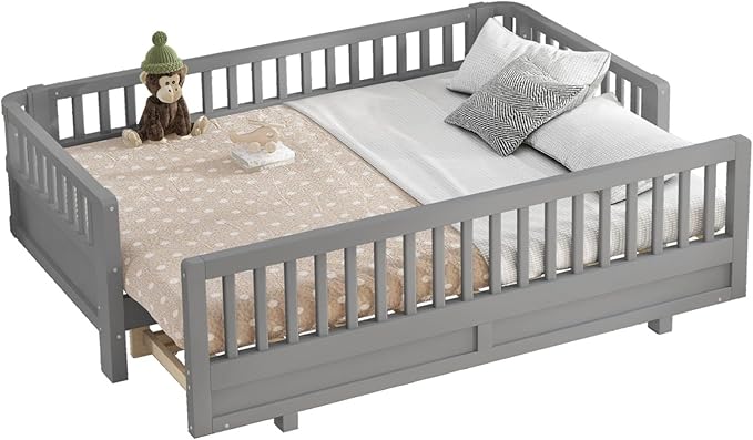 KEIKI Solid Wood Expandable Twin XL Size Floor Bed for Kids with Guardrails, Can Be Converted into a Queen Bed Platform, Montessori Low Profile Bedframe Daybed for Girls Boys, No Box Spring Needed
