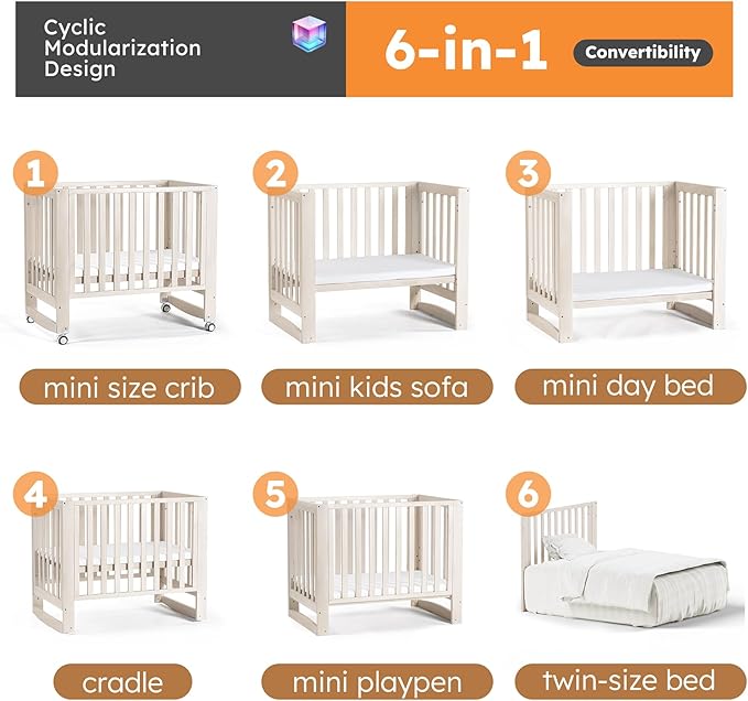 MAMAZING EvoNest Baby Crib, 6 in 1 Convertible Mini Crib with Wheels, 100% New Zealand Wood Growing Bed, 4 Adjustable Mattress Height, GREENGUARD Gold Certified, Wahsed Natural