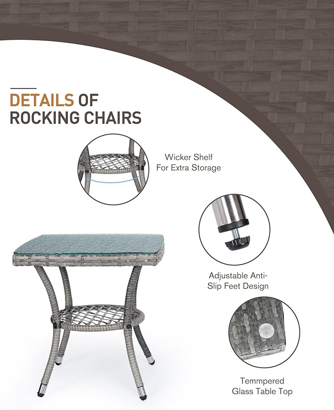 Modern Outdoor Patio Set - 3 Piece Wicker Rocking Chairs with Cushions & Glass Coffee Table - Grey/Blue