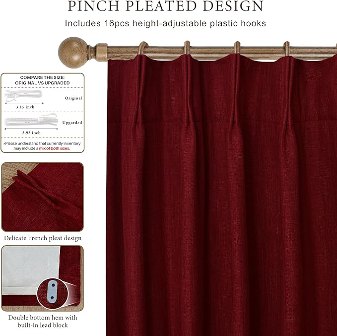 IVAPUPU Linen Pinch Pleated Blackout Curtains for Bedroom - Full Black Out Red Curtains 95 Inch Long 2 Panel for Living Room Darkening Thermal Window Curtain Drapes for Christmas Decor
