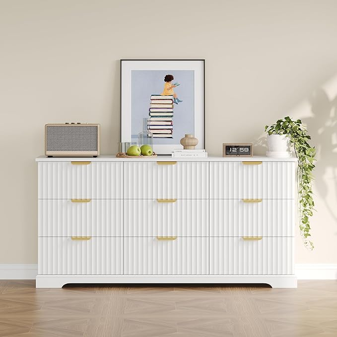 Fluted Dresser with 9 Drawers for Bedroom, 63" Wide Dresser with Metal Handle, Wooden Chest of Drawers for Bedroom, Living Room, Entryway, White