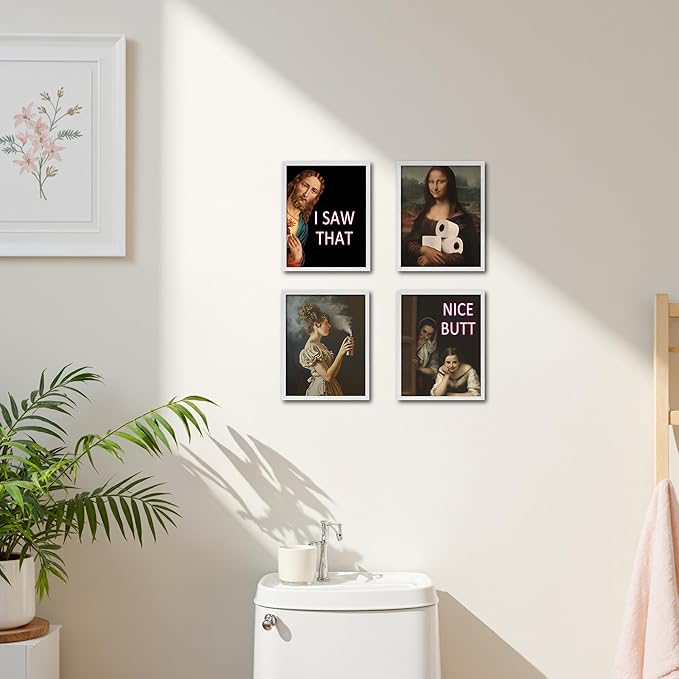 OFJE Funny Jesus I Saw That Classical Art Prints Set of 4, Vintage Humor Bathroom Wall Art for Bathroom Home Bedroom Living Room Decor,Funny Artwork Decor, 8x10 Unframed