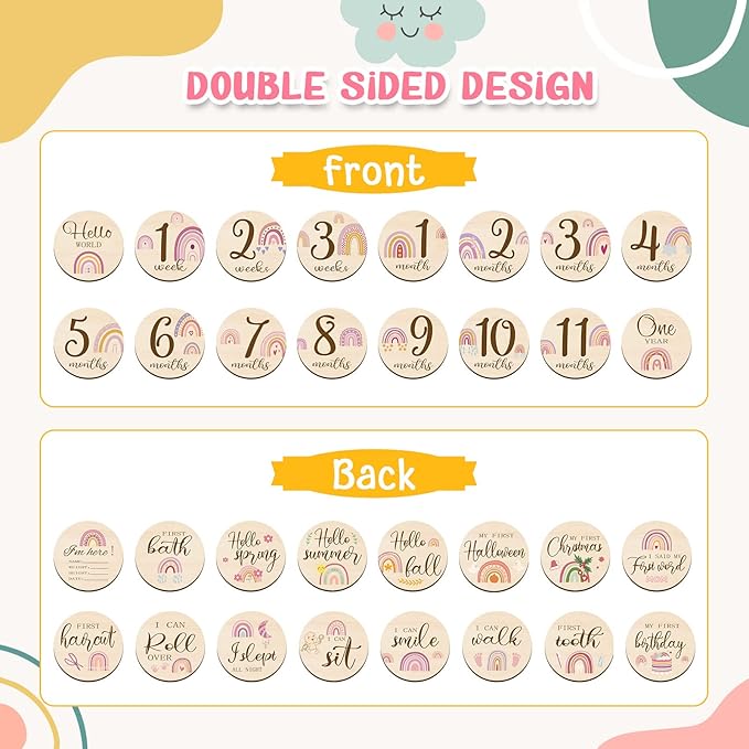 Tiamon 16 Pieces Wooden Baby Monthly Milestone Cards Monthly Milestone Marker Discs Double Sided Wooden Circles Months Signs for Baby Shower Newborn Photo Props(Rainbow)