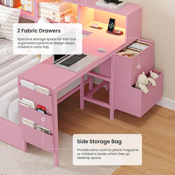 DICTAC Corner Twin Bed Frame with Desk,Charging Station and Bookcase Storage Pink Bed Frame for Girls with Storage Drawers and Led Lights Twin Size Daybed with Open Shelves,No Box Spring Needed