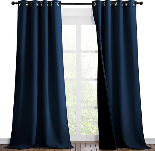 NICETOWN 100% Blackout Blinds, Set of 2, 46 inches x 102 inches, Laundry Room Decor Window Treatment Curtains for Large Patio Sliding Door, Thermal Insulated Moroccan Blue Curtains for Bedroom