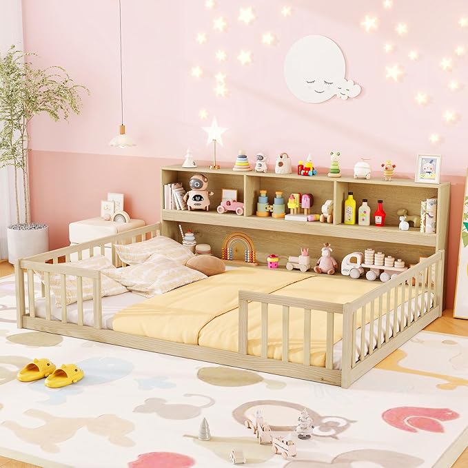 KOMFOTT Full Floor Bed with Bookcase & Shelves, Wood Bed Frame with Bedside Bookshelves & Guardrails, Versatile 2-in-1 Montessori Floor Bed for Kids (Full,Natural)