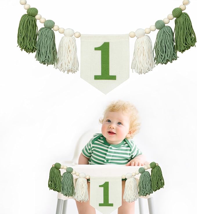 Green Wild One 1st Birthday High Chair Banner First Highchair Banner For Baby Boys Handmade Wall Hangings Boho Wood Bead Tassel Garland 1 Birthday Party Decorations Photoshoot Props Photo Props