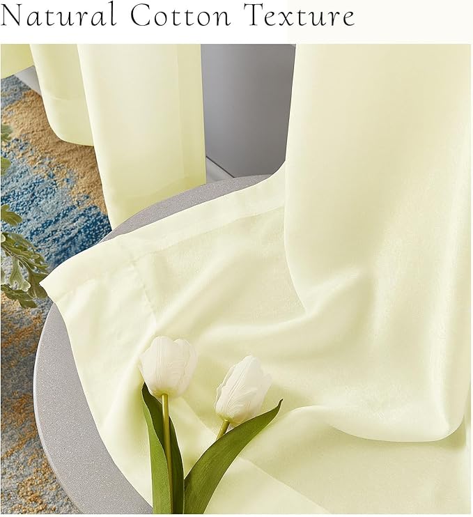 Melodieux Cream Yellow Velvety Semi Sheer Curtains 96 Inches Long for Bedroom, Living Room Natural Cotton Texture Rod Pocket Window Sheer Drapes, 52 by 96 Inch (2 Panels)