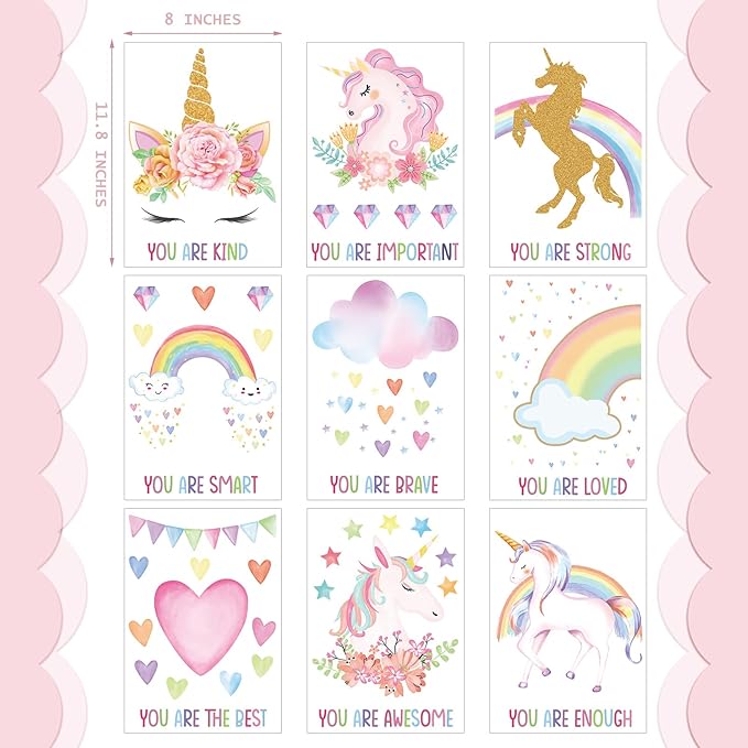 Epakh 9 Pieces Unicorn Wall Decals Stickers Unicorn Room Decor for Girls Bedroom Rainbow Posters Stickers Removable Inspirational Wall Decals for Little Girls Kids Birthday Party Baby Nursery