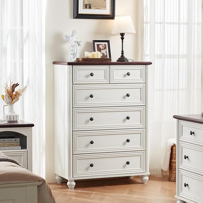 Farmhouse 6 Drawer Dresser Set of 2, Chest of Drawers for Bedroom, 43.5" Tall White Dresser with Roman Column, Rustic Wood Storage Dressers Organizer for Living Room, Hallway, Closet