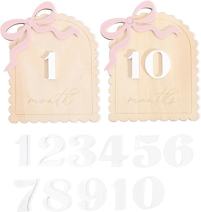 2 Pcs Baby Monthly Milestone Cards - Wooden Photo Props for Newborn, First Year Keepsake (0-12 Months) - New Mom Present, Boy Girl Announcement Sign (Pink Bow)