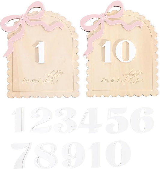 2 Pcs Baby Monthly Milestone Cards - Wooden Photo Props for Newborn, First Year Keepsake (0-12 Months) - New Mom Present, Boy Girl Announcement Sign (Pink Bow)