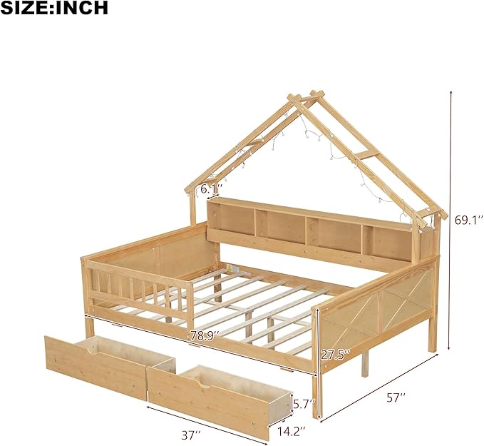 Bellemave Full House Platform Bed with Drawers Wood House Bed with Storage Shelves and LED Lights House Platform Bed Frame for Kids, Teens, Adults, No Spring Box Needed (Natural)