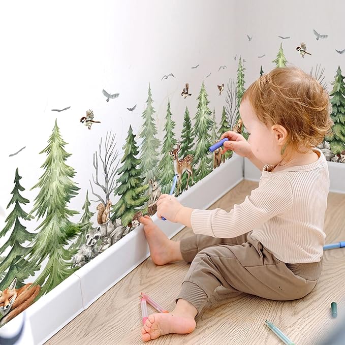 Watercolor Pine Tree Animals Wall Stickers Woodland Forest Tree Fox Deer Bear Wall Decals Baby Nursery Bedroom Living Room Staircase Wall Decor