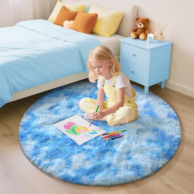 EVOIONOS Tie-Dyed Blue Round Rug Living Room, 6x6 Ft Fluffy Soft Circle Area Rugs Bedroom, Plush Shaggy Circular Carpet Indoor Floor Bedside Kids Nursery, Machine-Washable Home Decor Aesthetic