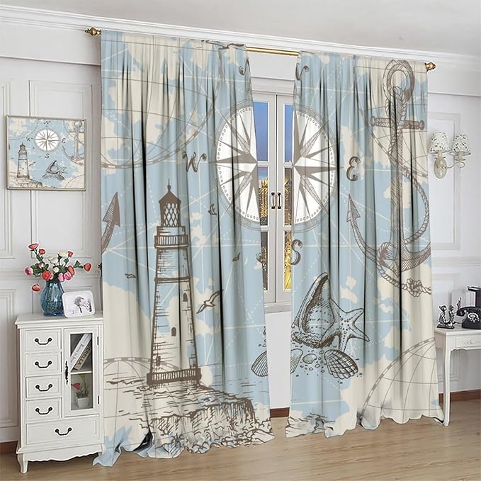 Nautical Costal Curtains, Compass Lighthouse Anchor Sailboat Pattern Blackout Print Home Bedroom Living Room Window Treatments 2 Panel Set 42x45 Inch
