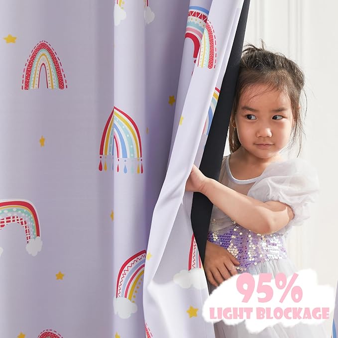 Vangao Boho Girls Blackout Curtains Purple for Kids Room 84 Inch Length, Rainbow Window Drapes for Living Room Nursery Thermal Grommet Insulated Room Darkening Curtains Bedroom, 2 Panels
