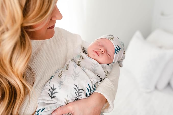 Miaoberry Forest Organic Muslin Swaddle Blankets for Baby Boy with Matching Hat and Wooden Hello World Newborn Sign | Newborn Photography Props | Birth Announcement Sign