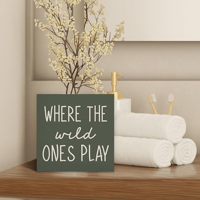 Where The Wild Ones Play Green Wood Box Sign Desk Decor 6x6, Nursery Kids Room Wooden Block Sign Decorations for Playroom Toddler Boys Girls Room Wall Tabletop Shelf Decor