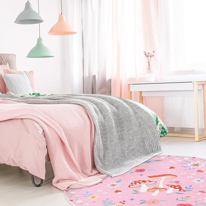 6' Machine Washable Round Area Rug, Non-Slip Vintage Floral Circle Floor Rugs for Kids, Low Pile Room Carpet for Living Room, Bedroom, Dining Room & Nursery(6' Pink Mushroom)